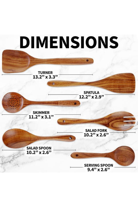 6-Piece Teak Wooden Cooking Utensil Set – Non-Stick Safe Kitchen Spoons with Spatula & Strainer – Smooth Finish, Heat-Resistant Natural Wood Spoons for Cooking