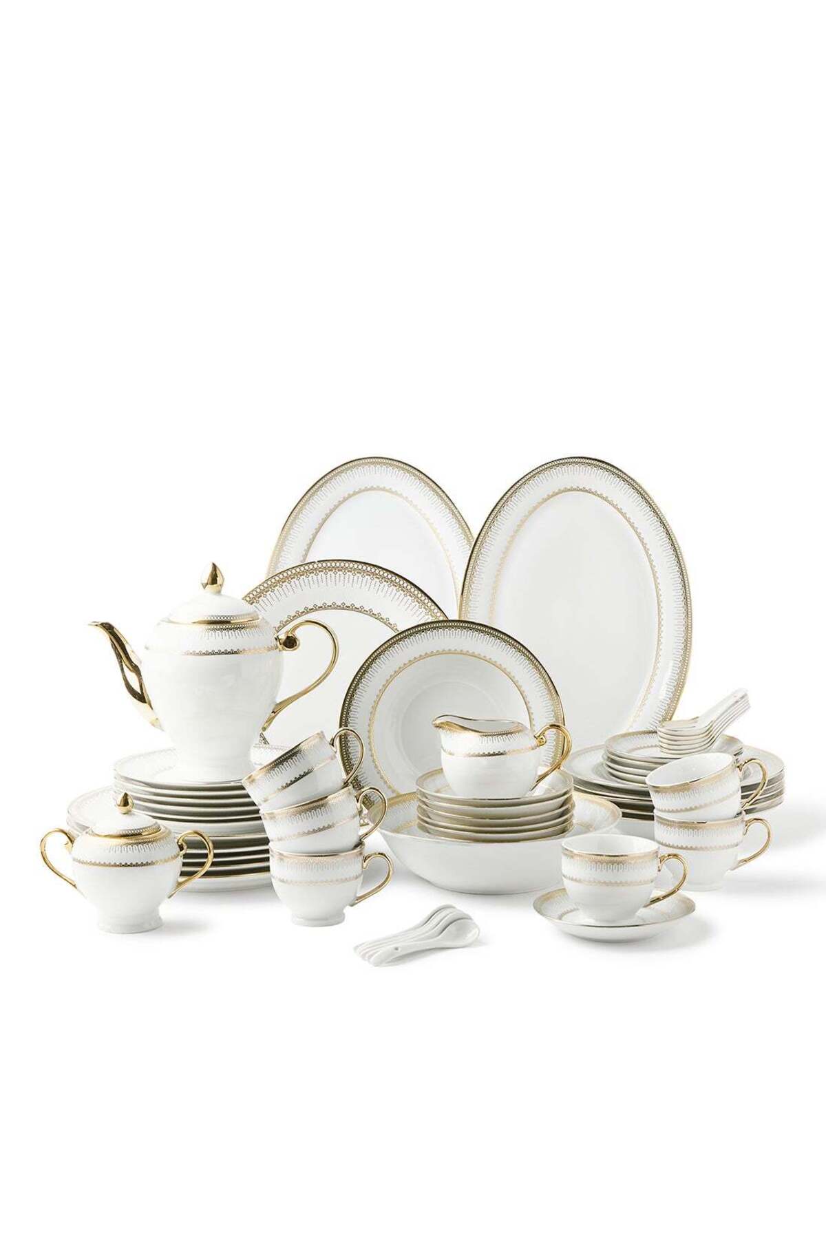 56-Piece Porcelain Dinner Set, Plates, Cups, Bowls Serves 6 White /Gold Geo