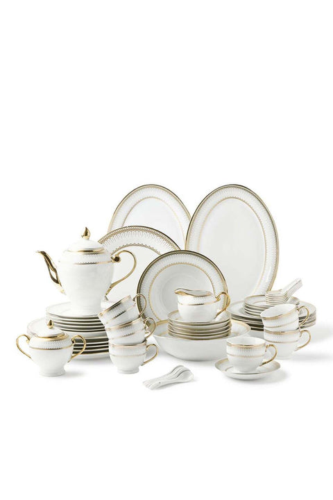 56-Piece Porcelain Dinner Set, Plates, Cups, Bowls Serves 6 White /Gold Geo