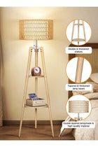 Wood Tripod Floor Lamp with Rattan & Linen Double Shades, Dimmable & Adjustable Color Temperature, Farmhouse Standing Lamp with Remote, Boho Floor Lamp