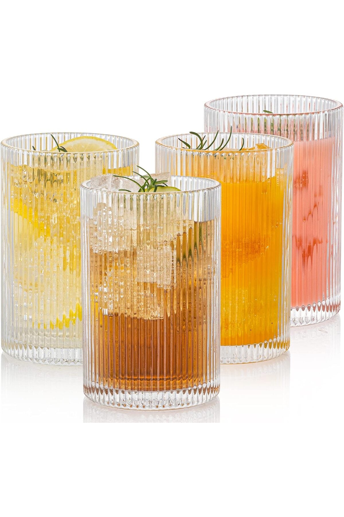 Set of 4 Vintage Ribbed Glassware, 17oz XL Drinking Glasses, Fluted Ripple Drinkware, Highball Glass Cups