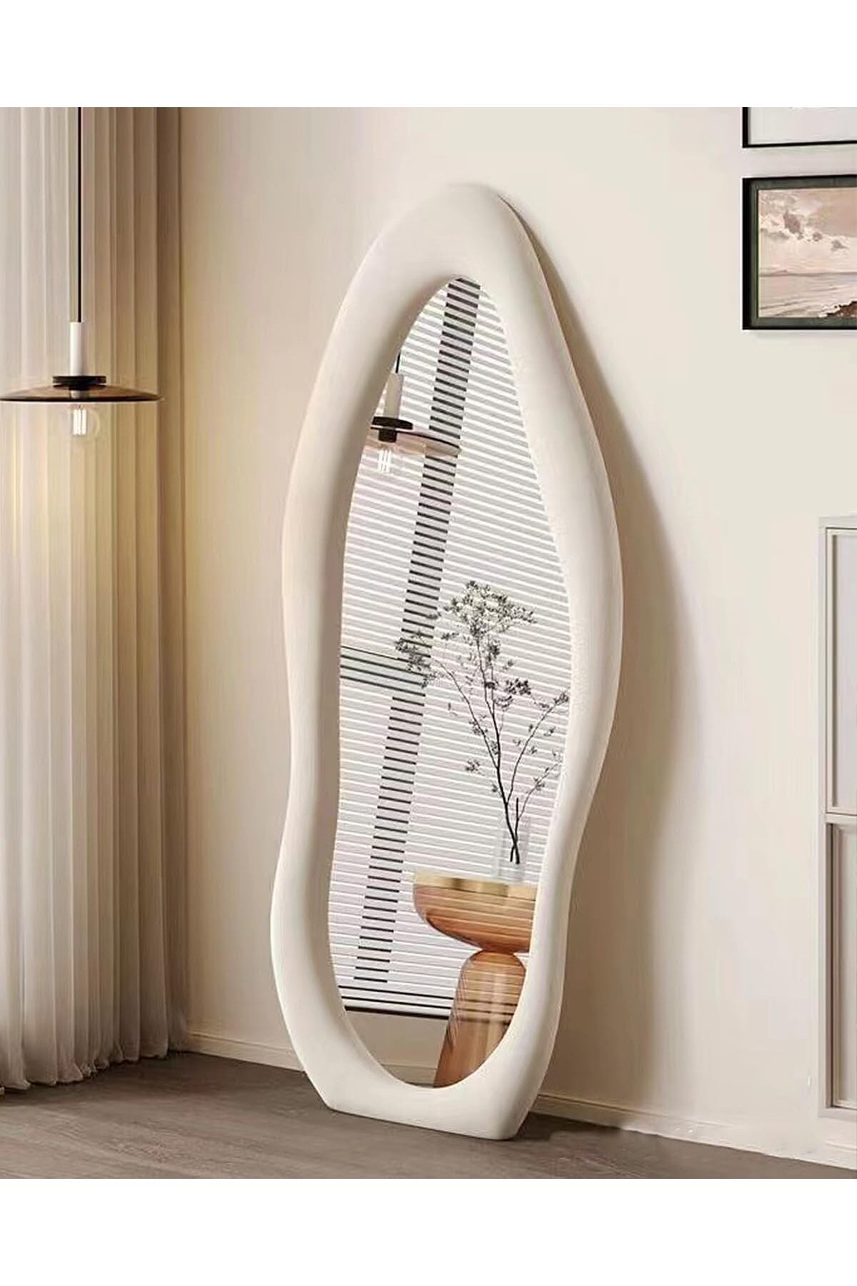 Full Length Irregular Wavy Mirror, Floor Mirror, Flannel Wrapped Wooden Frame Mirror-White 60 * 160 cm, Dressing Mirror, Bedroom Living Room, Free Standing or Wall Mounted, Leaning Against Wall Mirror
