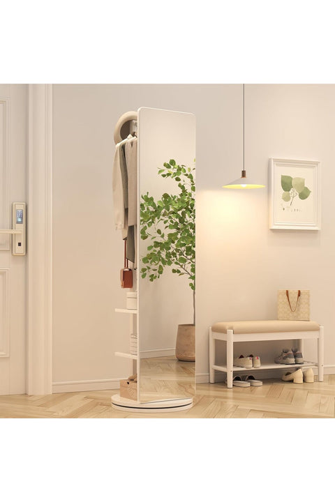 Rotaty Full Length Mirror, 166 × 30 CM, Unique Solid Wood Oversized Floor Mirror with Coat Rack, Full Body Mirror for Bedroom, Entryway, Living Room (White)
