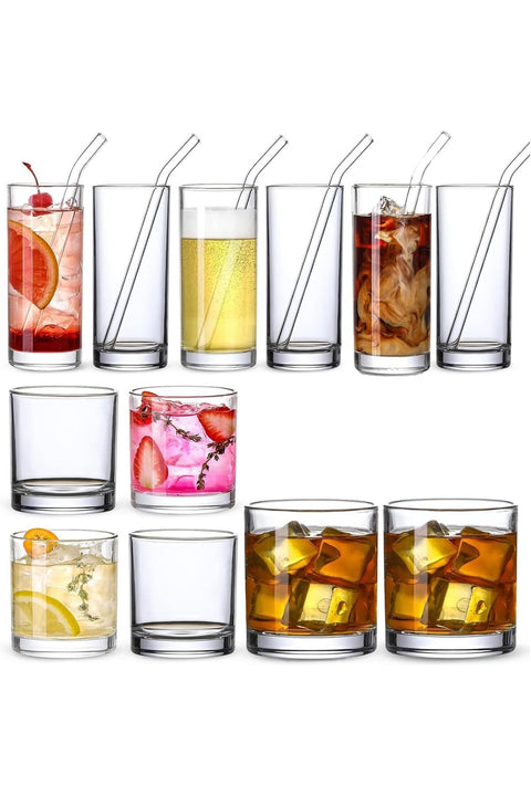 Drinking Glasses Set of 12 Glass Tumblers. 300ml Glasses and 200ml Glasses Set. Glass Cups with Straws.Cocktail, Juice, Whiskey , Small Size