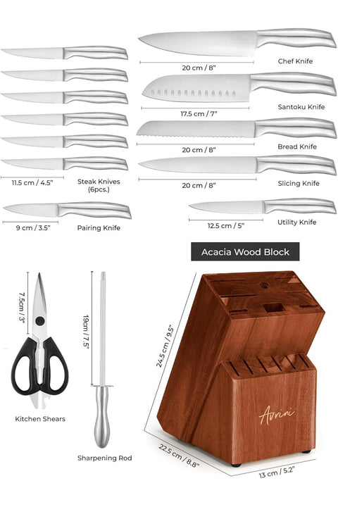 Avrini Knife Sets for Kitchen with Copping Board, 15 Piece Kitchen Knife Set, Ultra Sharp Chef Knife Set