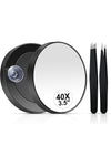 40X Magnifying Mirror, 3.5 Inch Round Compact Mirror with Suction Cup, Stainless Steel Tweezers, Perfect for Makeup, Eyebrows, Beards, Travel