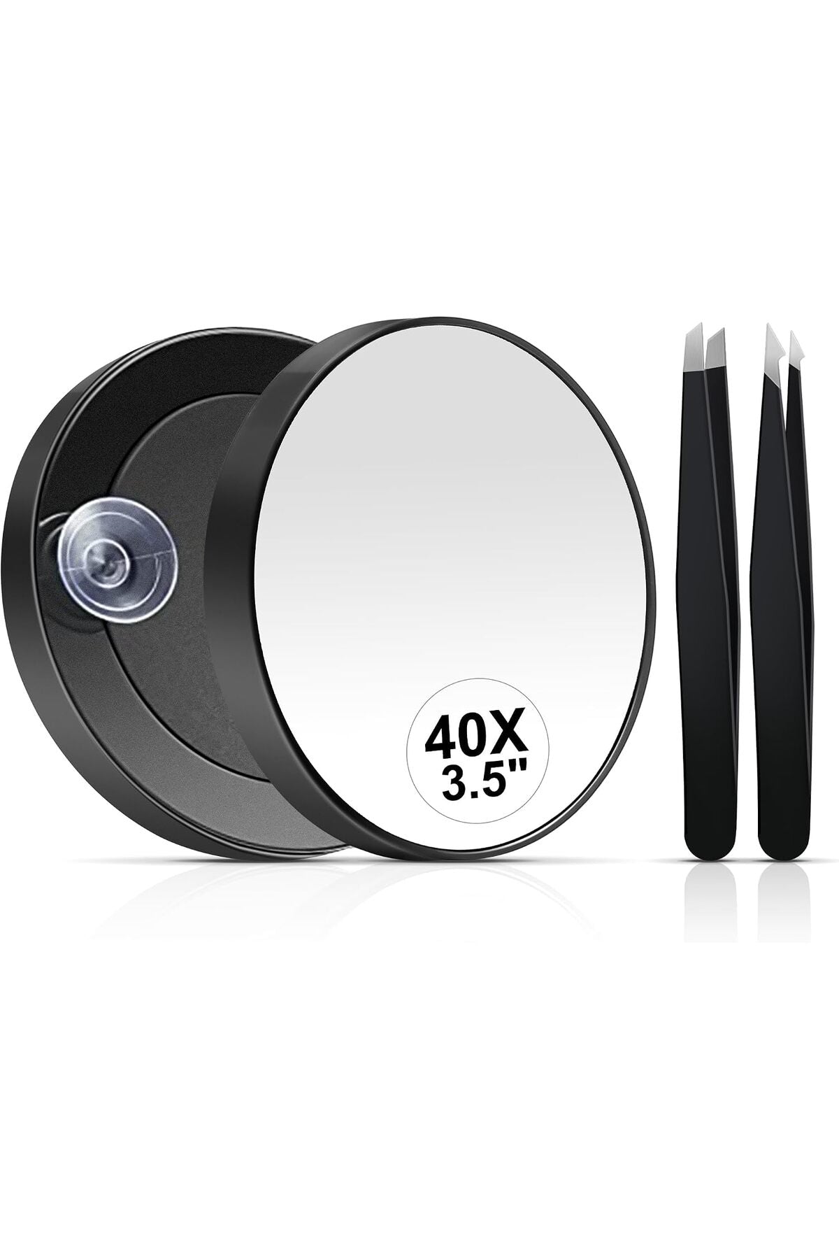 40X Magnifying Mirror, 3.5 Inch Round Compact Mirror with Suction Cup, Stainless Steel Tweezers, Perfect for Makeup, Eyebrows, Beards, Travel