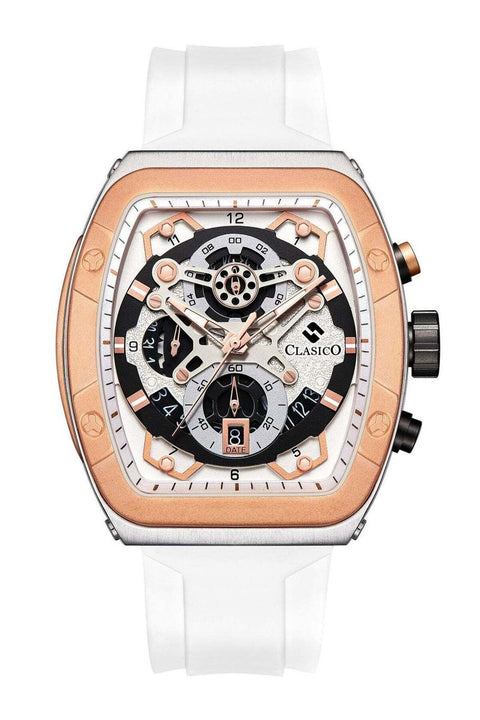 Opulent 6-Hands Chronograph Watch – Tonneau Skeleton Brushed Gold & White Chronograph Edition