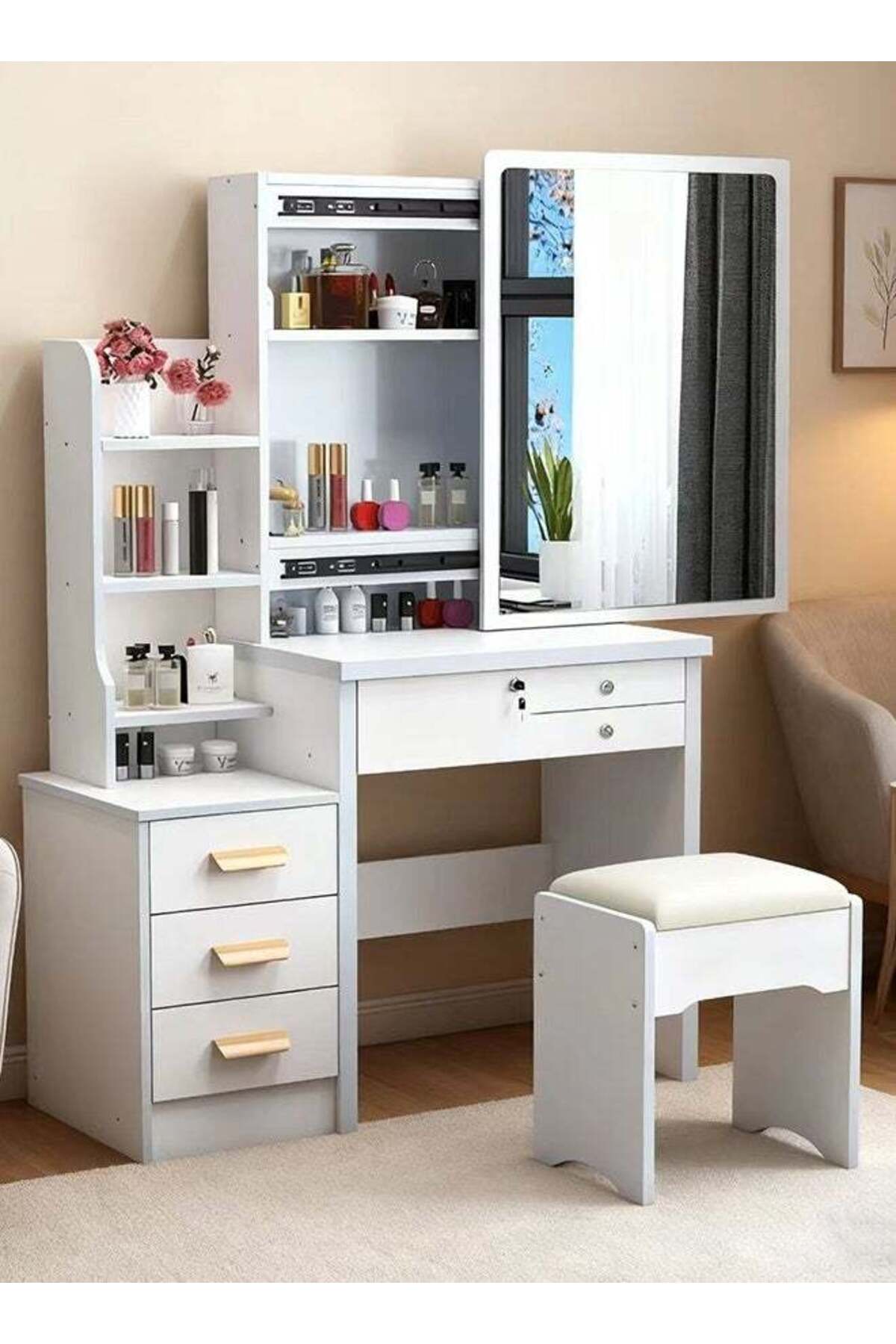 Dressing Table Vanity Table With Mirror And Cushioned Stool ，Multifunctional 4 Drawer Vanity Makeup Desk,Large Modern Design Storage Workstation for Bedroom Dressing Room