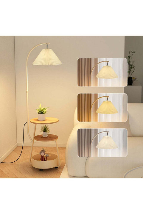 Nordic Curved Floor Lamp, Standing lamp With 3-Layer Side Table and Storage Drawer, Multi-functional Living Room and Bedroom Desk Lamp