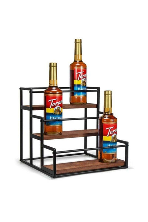 3 Tier Wood Coffee Syrup Rack, Syrup Holder Stand, Metal Coffee Station, Spice Storage Shelves, Kitchen Storage Rack, Home Diplay Rack, Countertop Rack for 12 Bottles Syrup Syrup