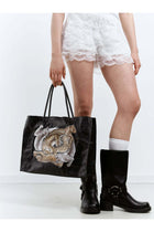 Miroshnikov Women’s Large Shopper Bag, Glossy PU Shoulder Tote, Memory Crinkle Effect, Leopard Print