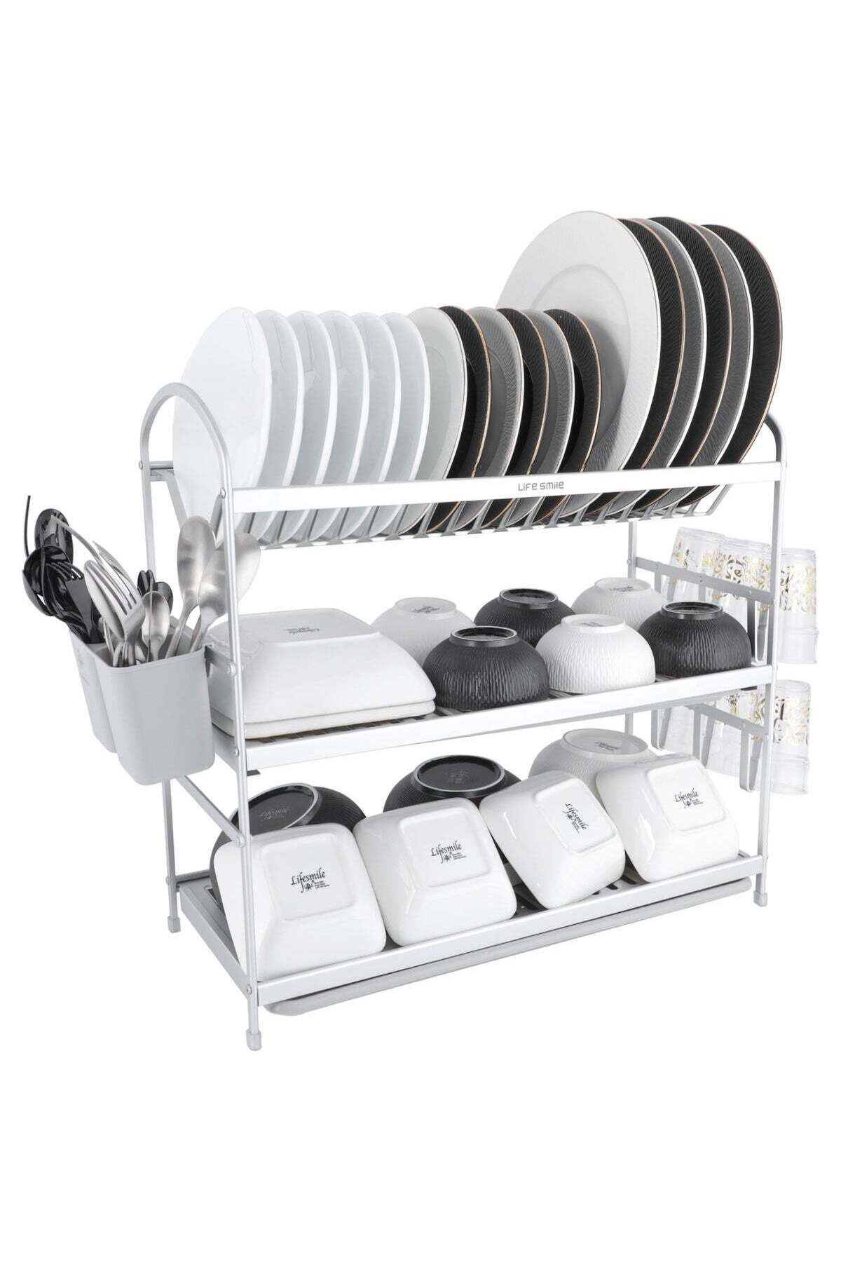 Life Smile Dish Drying Rack, Rust-Resistant 3 Tier Dish Rack with Drainboard Set, Dish Drainer with Utensil Holder & Cup Holder for Kitchen Counter- Kitchen Organizer Chrome