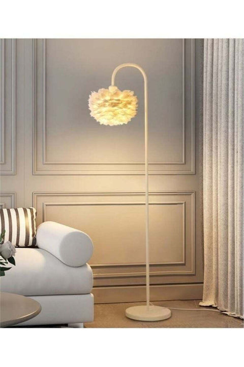 Premium Feather Lampshade Floor Lamp - Cream-Colored Metal Body, 155cm Height, E27 Socket, Foot Switch