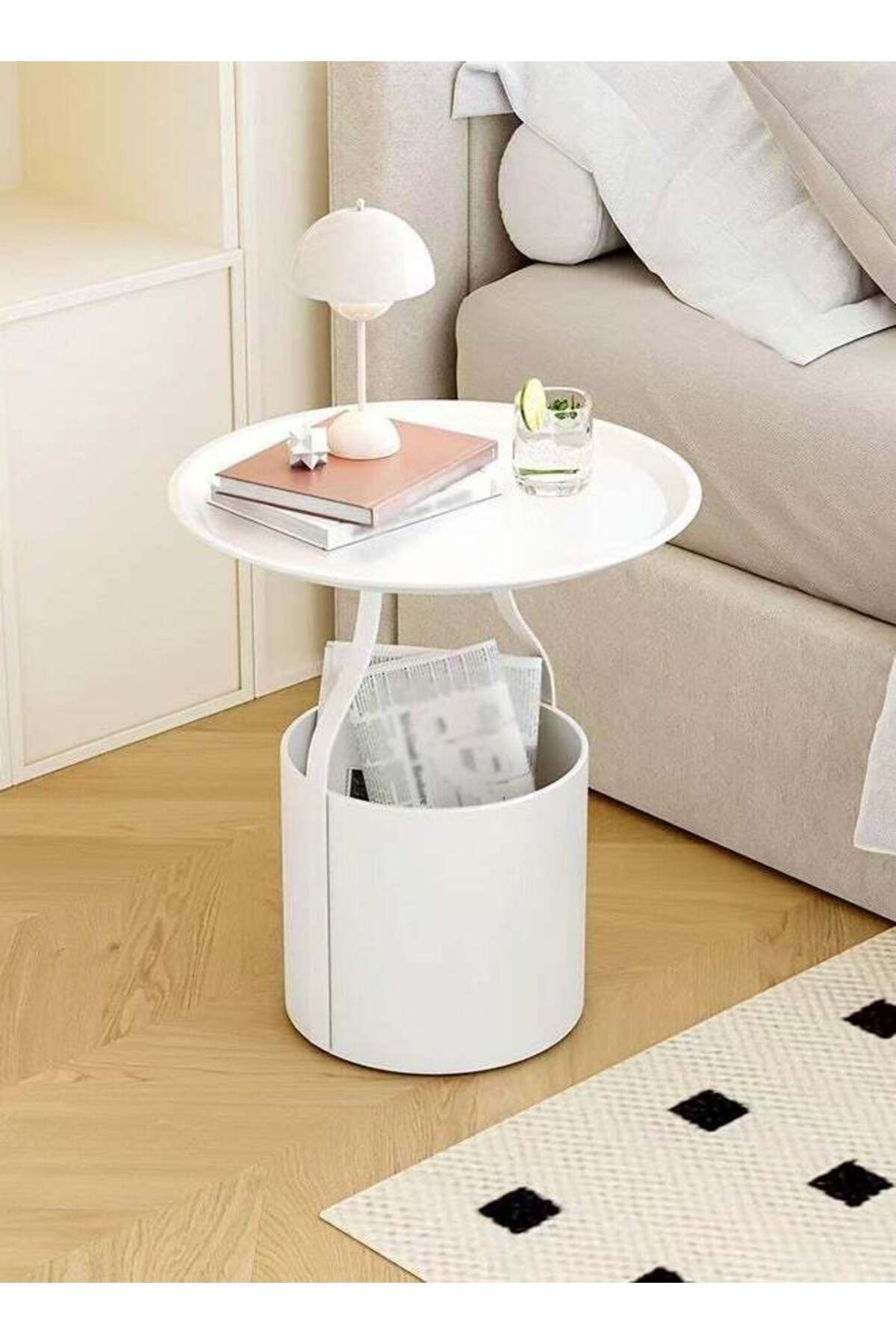 1-Piece Multifunction Round Edge Table Sofa Side End Table Coffee Table Nightstand with Storage Bucket Box for Living Room Bedroom Home Office Furniture 45x52 cm (Fully Assembled)