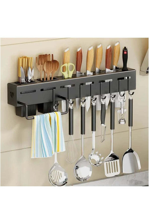 EnvoMart Kitchen Wall Mounted Storage Rack - Condiment Storage Rack Kitchen Rack Wall-mounted Knife - Rack - Kitchenware Storage Rack with 8 Hooks Space Aluminum Rack - Kitchen Shelf - Kitchen Aid Han