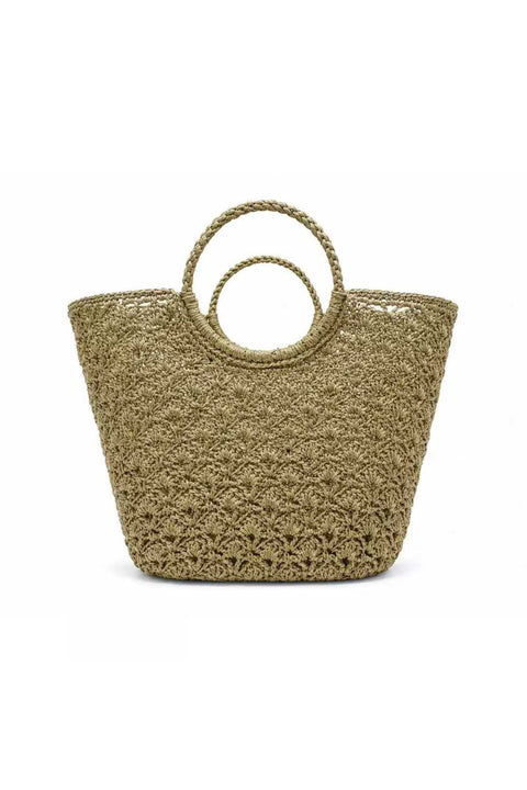 Hand Woven Large Crochet Ladies Tote Bag With Braided Ring Handle- Beige