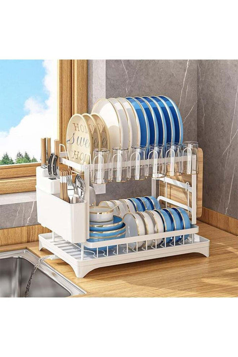 Dish Drying Rack, 2 Tier Large Dish Drying Rack for Kitchen Counter with Drainboard Stainless Steel Dish Drainer for Dish/Knifes/Cup/Cutting Board, White