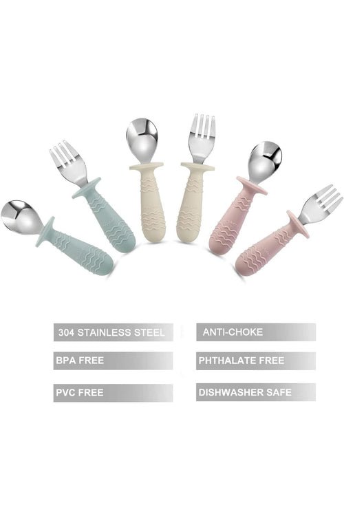 6 Pieces Baby Toddler Silicone Stainless Steel Utensils Silverware Spoon Fork for Baby Toddler BPA Free with Silicone Holding Anti-Choke Design (Blue Pink Beige)
