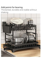 2 Tier Foldable Dish Drying Rack with Utensil Holder Cutting Board Holder Drainboard Tray, Rotatable Drainage System Scratch Resistant Frosted Baking Process Coatings, Large Black UK86279