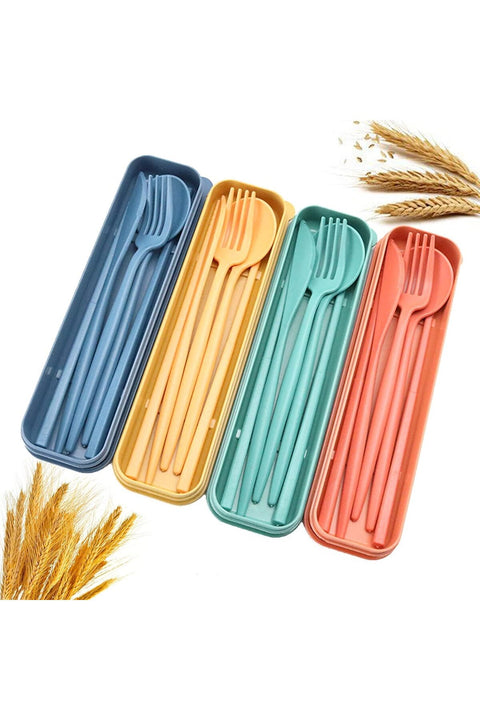 Wheat Straw Cutlery, 4 Sets Portable Cutlery Set, Reusable Travel Flatware Set, for Lunch Boxes Workplace Camping School Picnic or Daily Use(4 Colors, With Storage Box)