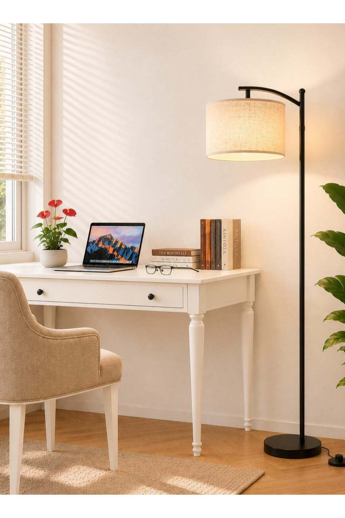 Modern Floor Lamp with Linen Shade, Tall Standing Lamp for Living Room, Bedroom, Office