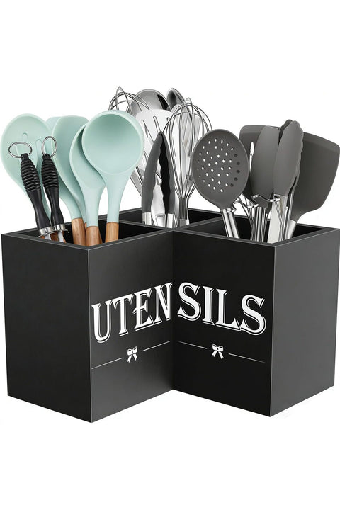 Extra Large Kitchen Utensils Holder with 3 Compartments, Corner Utensil Caddy for Countertop