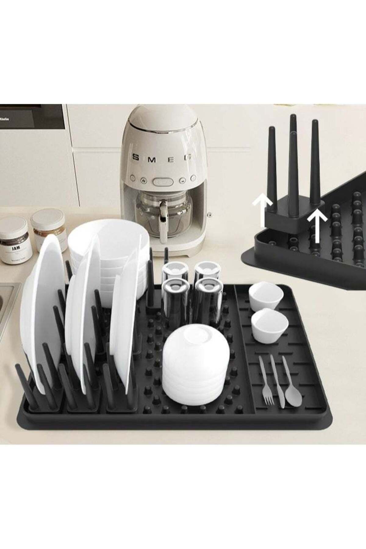 Kitchen Silicone Dish Drying Rack with Detachable Chopsticks Holder, Black