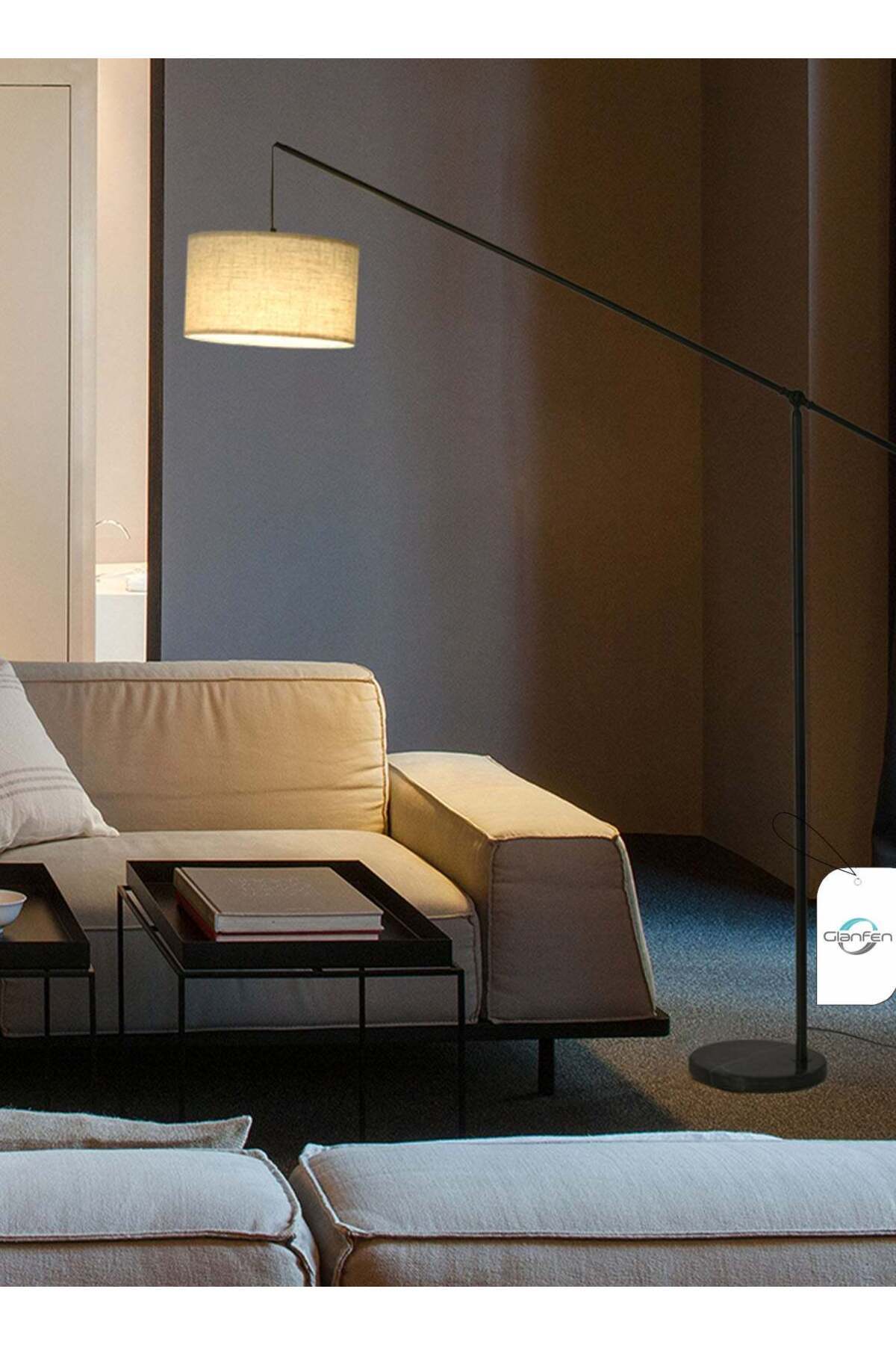 Creative Simple Atmosphere Standing Floor Lamp Cantilever Vertical Adjustable Balance Arm Natural Linen Drum Lampshade Matte Black Metal Pole Foot Switch