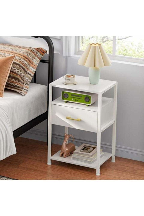 Nightstand with Drawer,3 Tier Bedside Tables,End Table,Wood Drawer Steel Frame,Side Tables for Living Room, Bedroom, White