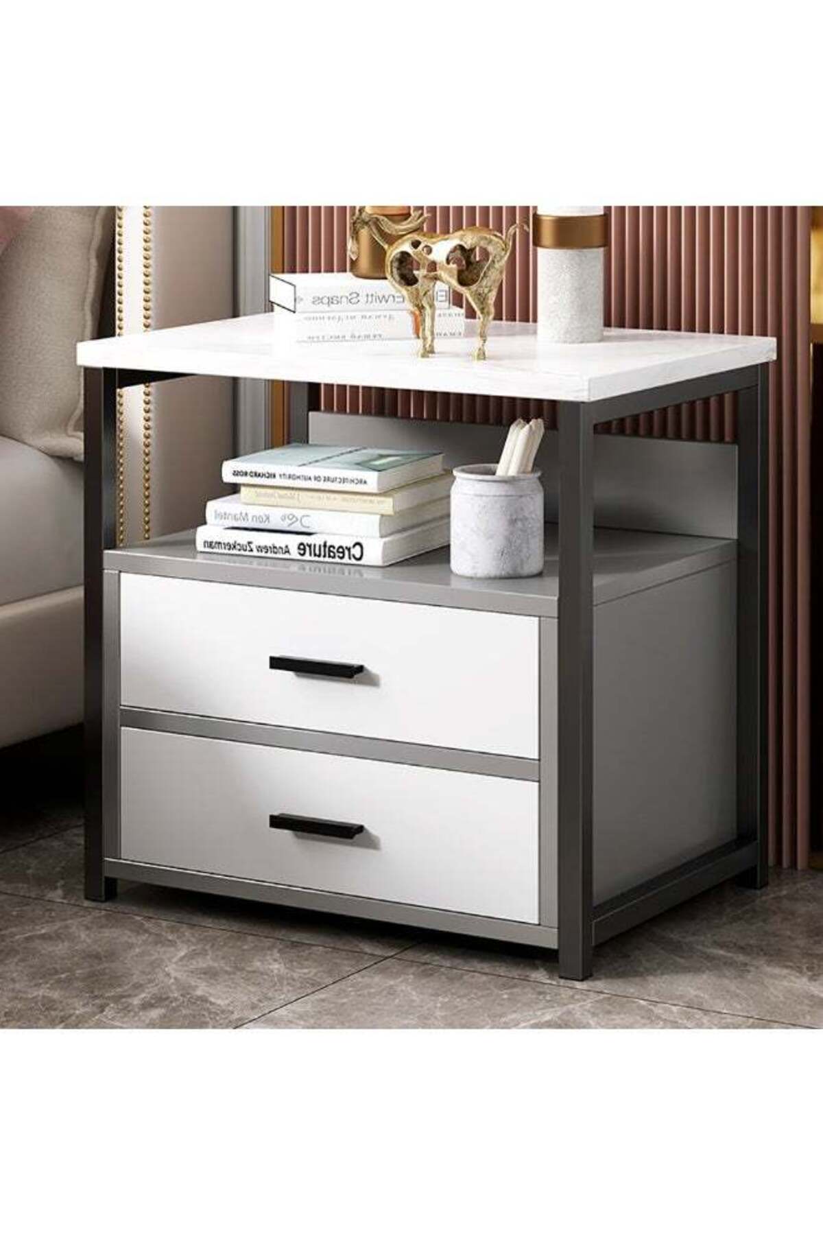Modern Bedside Cabinet, Wooden Nightstand Side Table with 2 Drawers and Open Shelf Storage, Simple Bedside Table for Bedroom Living Room, CTG2 (White)