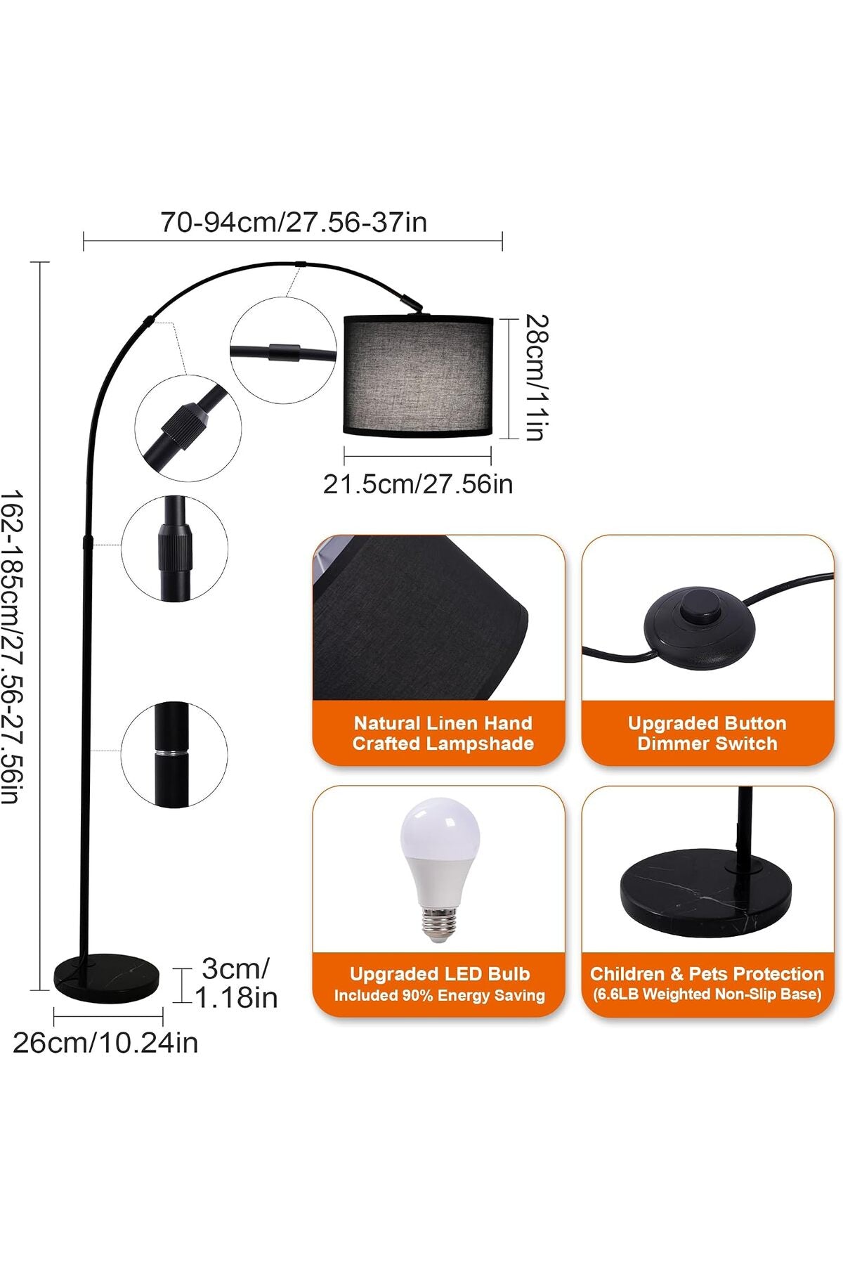 SKY-TOUCH Arc Floor Lamp : Dimmable Black Standing Lamp with Adjustable Height Modern Marble Base Standing Hanging Light with Adjustable Hanging Shade for Reading Living Room Bedroom Office (Black)