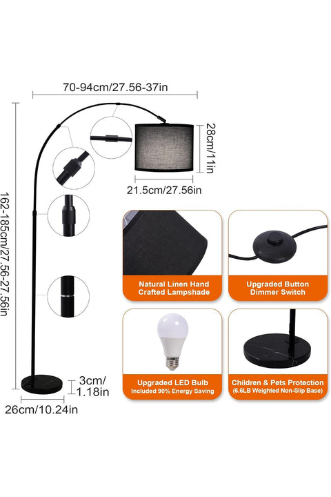SKY-TOUCH Arc Floor Lamp : Dimmable Black Standing Lamp with Adjustable Height Modern Marble Base Standing Hanging Light with Adjustable Hanging Shade for Reading Living Room Bedroom Office (Black)