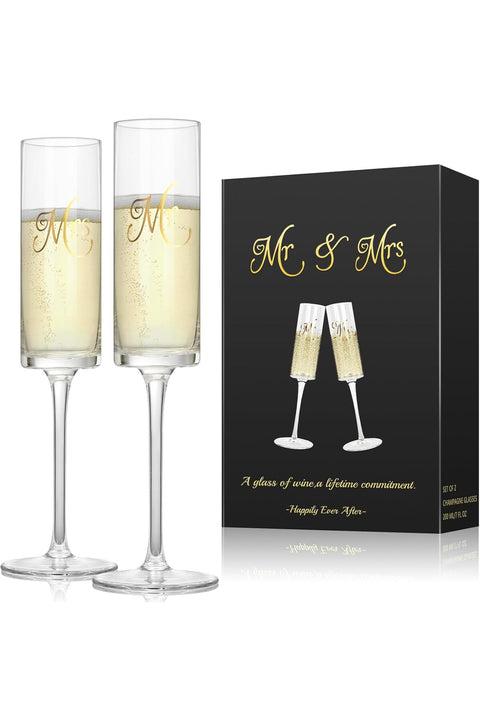 Champagne Flutes, Hand Blown Champagne Glasses Set of 2 for Wedding, Birthday, Anniversary, Bride and Groom Champagne Glasses
