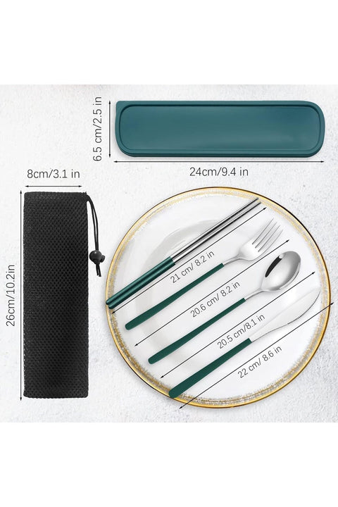 Portable Cutlery Set with Case, 4-Piece Gold and Black Stainless Steel, Fork Spoon Knife Chopsticks (GREEN SILVER)