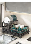Rust-Resistant 2-Tier Kitchen Dish Drainer Rack with Swivel Drainage Spout, Multifunctional Countertop Organizer with Utensil, Cup and Cutting Board Holders, Black