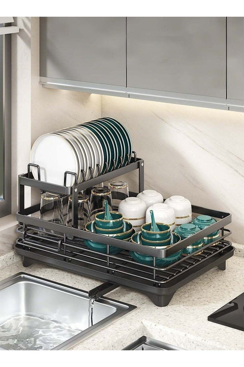 Rust-Resistant 2-Tier Kitchen Dish Drainer Rack with Swivel Drainage Spout, Multifunctional Countertop Organizer with Utensil, Cup and Cutting Board Holders, Black