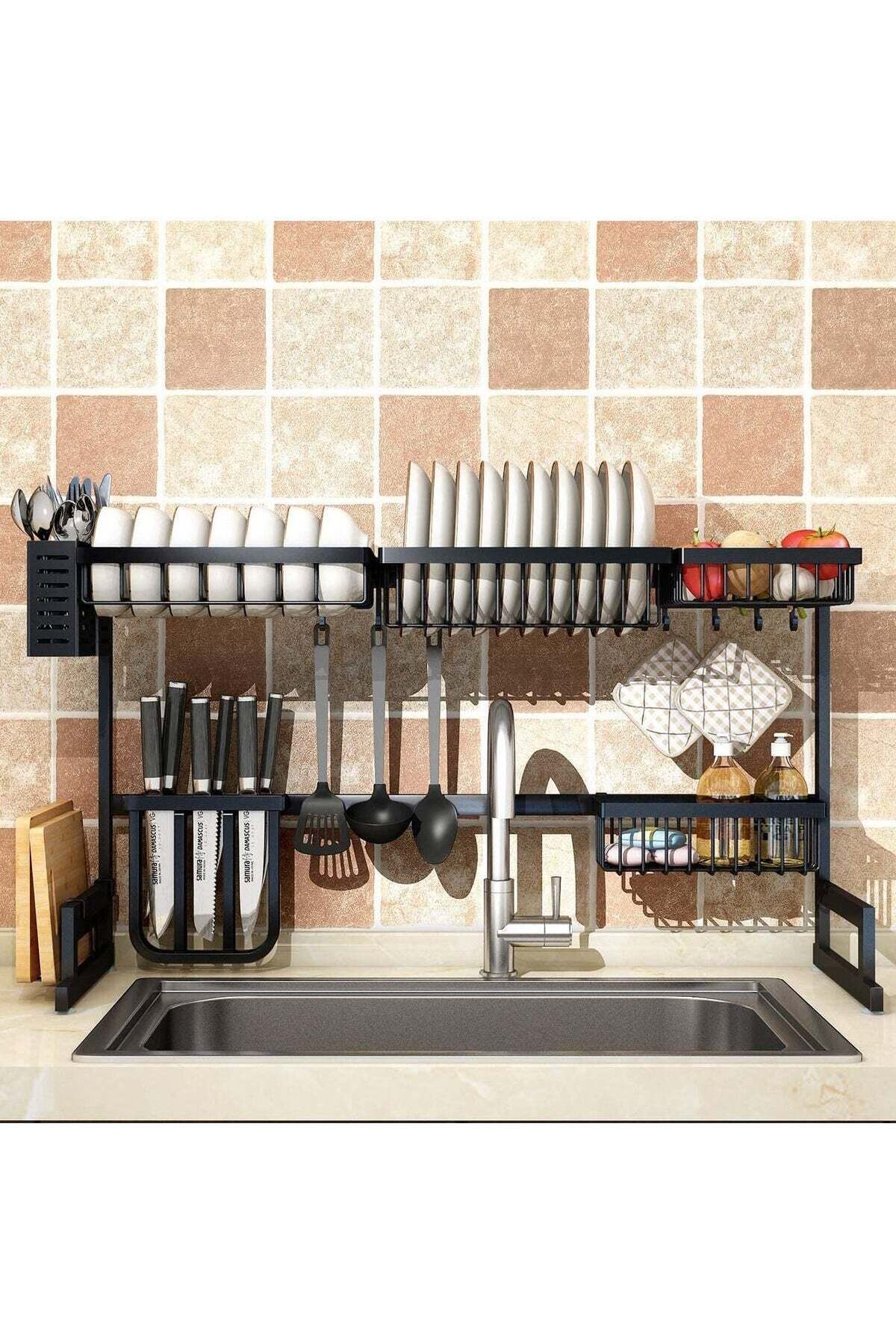 Dish Drying Rack Over the Sink - 2 Tier Compact Kitchen Organizer and Storage Space Saver for Counter - Dish Drainer and Utensil Holder (Stainless Steel, Black Dish Rack)
