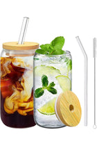 Glass Cups with Bamboo Lids and Straws,16OZ Ice Coffee Cup, Beer Can Shaped Drinking Glasses Set of 2