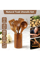 Wooden Kitchen Utensils Set, 6pcs Natural Teak Wooden Spoons with Holder and Spoon Rest For Non-stick Pan