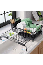 Dish Drying Rack,Retractable Large-Capacity Double-Tier Drying Rack,Rust-Resistant Metal Dish Storage Rack,Includes a Cutlery Tray and Cup Holder,Easy to Install,Ideal as a Kitchen Countertop