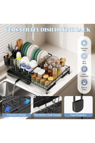 LODROC Extendable Dish Drying Rack,Large Drying Dish Drainer for Kitchen Counter, Stainless Steel Dish Strainer with Utensil Rack and Adjustable Feet for Sink (Black)