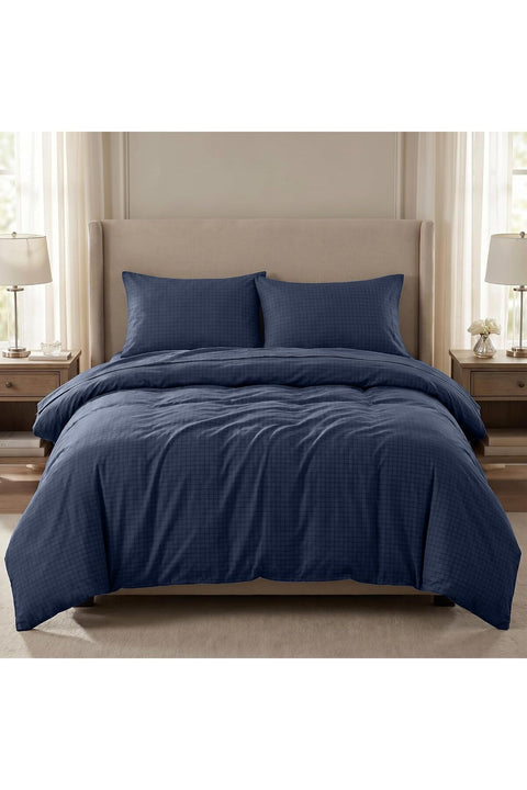 Navy Color Double Duvet Cover Size 220 x 240cm, 280 Thread Count Cool Breathable 100% Long Staple Textured Cotton With 2 Pillowcases