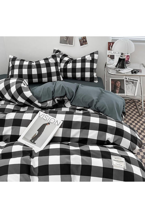 Duvet Cover Set King Size 4 Pcs, 100% Washed Cotton Ultra Soft Bedding Set - White Black/Plaid