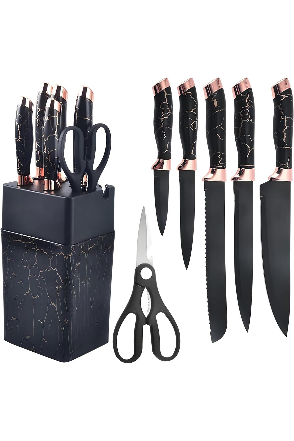 SHOPPING VIBES 7pc Stainless Steel Knife Set for Kitchen – Sharp Chef Knife, Scissors & Sharpener (Black)