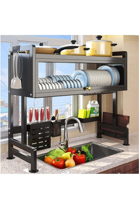 Dish Cabinet Rack Over Sink Drainer With Cover Stainless Steel Plate Drying Storage Kitchen Organizer