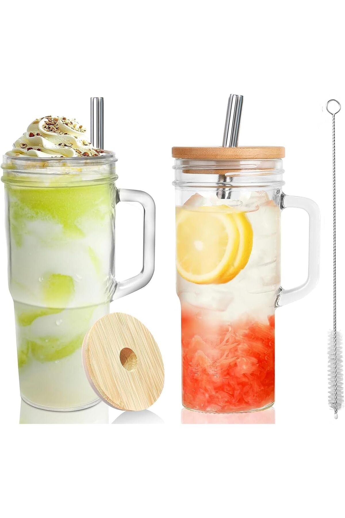 2PCS Glass Cups with Bamboo Lids and Straws, 24oz Tumbler With Handle, Drinking Glass Cups Sets for Iced Coffee, Smoothie Cup, Juices, Tumbler Tea Cup, Clear Water Cups, Travel Mug With Cleaning Brush
