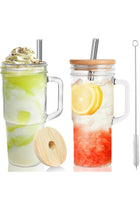 2PCS Glass Cups with Bamboo Lids and Straws, 24oz Tumbler With Handle, Drinking Glass Cups Sets for Iced Coffee, Smoothie Cup, Juices, Tumbler Tea Cup, Clear Water Cups, Travel Mug With Cleaning Brush