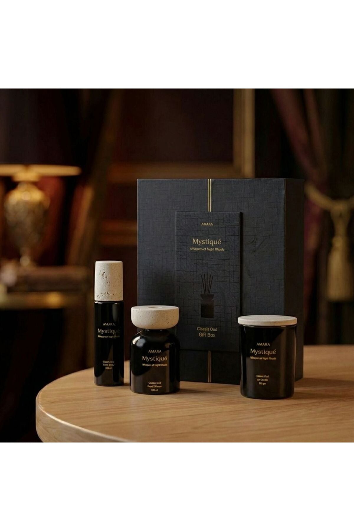 Mystique Classic Oud Gift Set ( Jar Candle- 220G, Room Spray-100Ml, Reed Diffuser-200Ml )