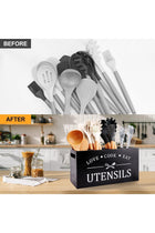 Wooden Kitchen Utensil Holder with 4 Compartments & Drainage, Farmhouse Cooking Utensils Caddy (Black)